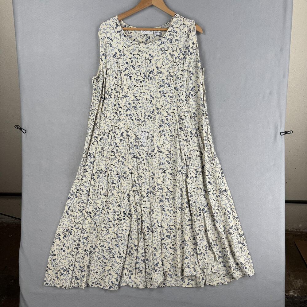 Vintage Lola P Dress Womens Large White Blue Floral Sleeveless Maxi Trapeze Boho